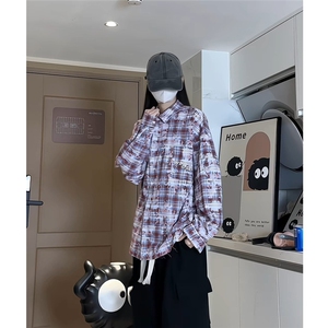 韩版晕染格子衬衫字母款潮流外搭上衣衬衫A061-AC00571-P80图片