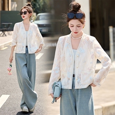 新中式欧根纱重工刺绣外套女2025春季V领开衫小香风短款蕾丝上衣，女装短外套，伊仟回