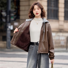 【冬季女装新款】可脱卸毛线帽加绒加厚皮棉P-145，女装皮衣，简古