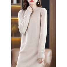 秋冬新款羊毛连衣裙女士圆领长袖套头显瘦针织长裙宽松针织裙，女装连衣裙，郡淞羊绒