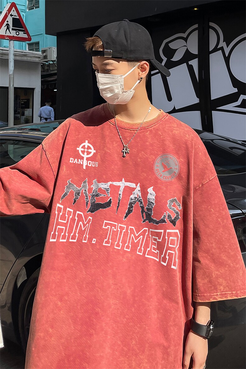 B239-1182-P38创意字母印花美式复古水洗做旧落肩袖短袖T恤,男装T恤,星座514-2(原B239)