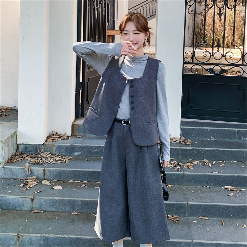 学院风灰色马甲套装女2025秋季新款巨好看减龄打底衫休闲裤三件套,女装套装/套裙,2C253