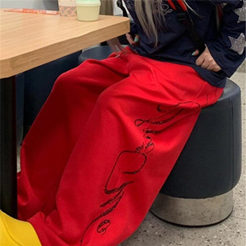 【002】安可拉红阔腿裤垂感宽松休闲直筒裤运动裤A079-NK14-P57，女装休闲裤，电商A079