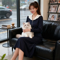 设计感时尚减龄套装女秋款修身娃娃领领开衫拉链上衣中长裙两件套，女装套装/套裙，江南