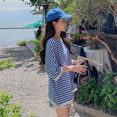 韩版休闲蓝色条纹上衣短裤两件套女2025夏新款宽松运动风减龄套装，女装套装/套裙，2C088