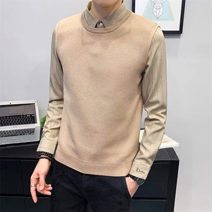冬季新款男装加厚保暖针织衫毛衣中年男士商务休闲假两件套上衣