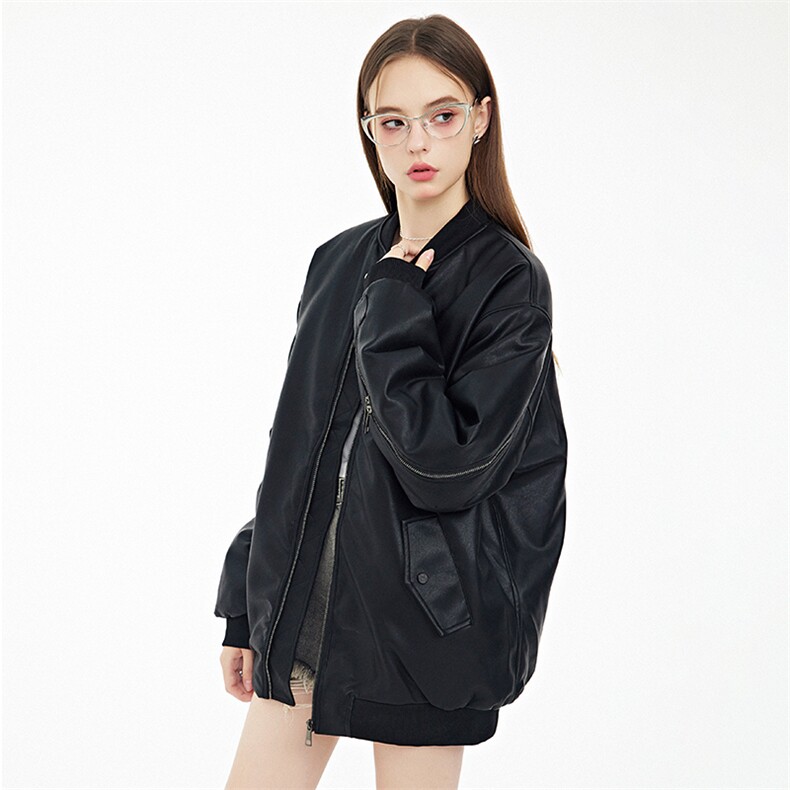 现货黑色PU皮棒球服外套秋冬棉服带帽可拆卸,男装棉衣,电商A105