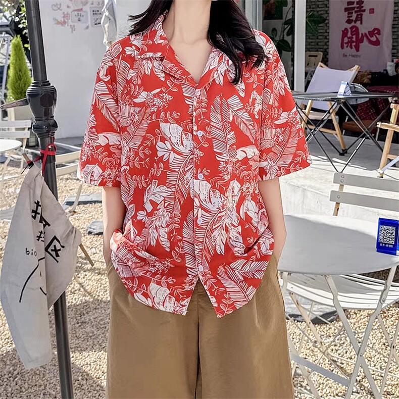 泰式古巴领碎花短袖衬衫男女宽松复古度假情侣衬衣A2515-P27图片