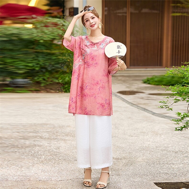 现货！夏季新款2025印花盘扣套装女时尚休闲气质宽松两件套套裤,女装套装/套裙,涵墨