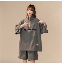 中性夏季潮牌半拉链字母运动休闲宽松情侣套装TZ754-P75控98，女装运动套装，A247A