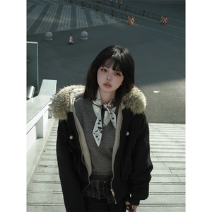 现货重磅boxy短款棉衣座山雕大毛毛领男女棉服水洗工装厚外套图片