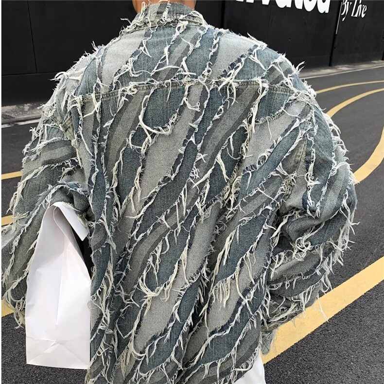 毛边拼色水洗牛仔衬衣外套流苏设计感炸街网红衬衫外套J3502-p75,男装衬衫,星座1001-1