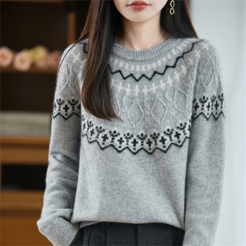 秋冬新款圆领加厚100%纯羊毛衫女长袖百搭提花撞色费尔岛打底毛衣,女装羊毛衫,迅太羊绒