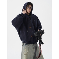 秋冬新款高品质藏青色连帽卫衣外套男美式宽松设计感小众WY23P78，男装卫衣，电商D206-1