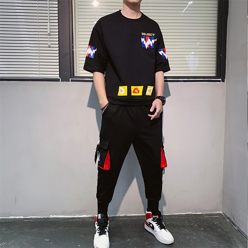 2021夏季男士新款运动休闲短袖套装印花短袖T恤套装男F164P75,男装休闲套装,电商A086