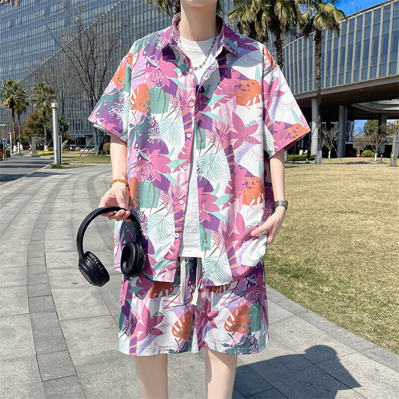 热带植物沙滩套装宽松花衬衫男短袖两件套TZ882/880衣35裤23/TP58,男装衬衫,电商A012