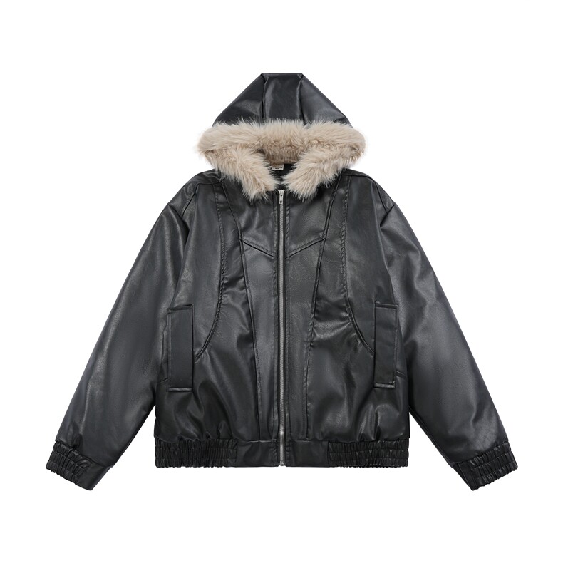 加绒加厚冬款男女连帽棉衣扎染PU皮棉袄毛领保暖皮棉服MY94P110,男装棉衣,星座1013-1