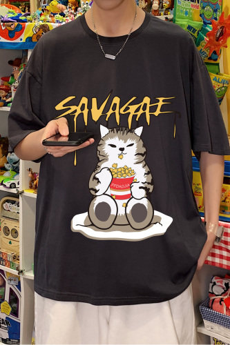 2021夏新爆米花猫印花纯棉短袖玩具手办风宽松大码T恤T003P23,男装T恤,电商A001