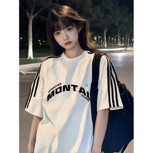 抖音得物高品质二开240克宽松纯棉美式潮牌三条杠织带短袖T恤图片