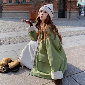 绿色派克棉服女冬超火好看高级小众加厚工装羽绒棉衣棉袄短款外套图片