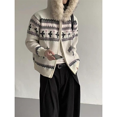 重磅北极绒座山雕毛衣外套冬美式复古休闲慵懒风大毛毛领针织开衫，男装针织衫/毛衣，电商A443