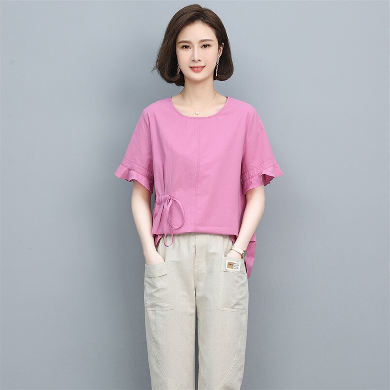 2023夏季纯棉简约气质圆领宽松时尚休闲显瘦舒适上衣,女装衬衫,独衣靓