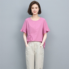 2023夏季纯棉简约气质圆领宽松时尚休闲显瘦舒适上衣，女装衬衫，独衣靓