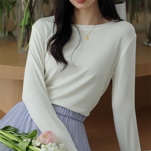 莫代尔圆领打底衫女2024年秋冬季休闲风纯色长袖T恤宽松百搭上衣图片