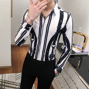 2021春秋男衬衫英伦长袖上衣印花男装韩版修身四季潮流衬衣H859-P55图片