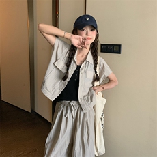 高级感炸街甜酷工装短袖套装女2025夏季新款时尚拖地阔腿裤两件套，女装套装/套裙，纯色衣恋