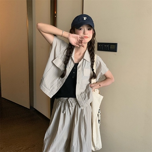 高级感炸街甜酷工装短袖套装女2025夏季新款时尚拖地阔腿裤两件套图片