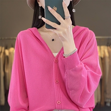 春夏新款连帽针织长袖外套女慵懒风高级气质防晒空调罩衫开衫上衣，女装针织衫/毛衣，秋虹羊绒