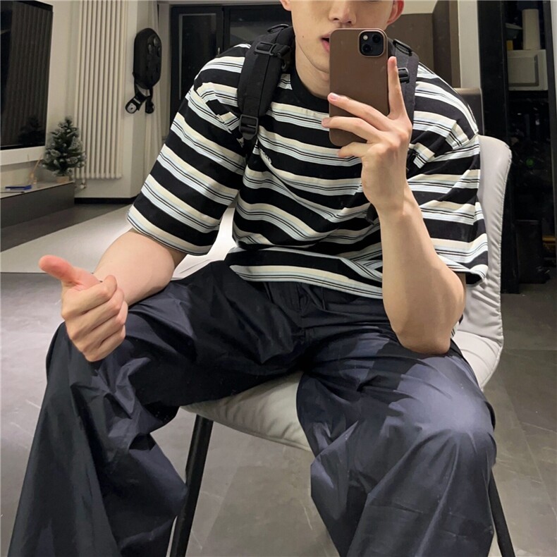 DA166-P40条纹t恤短袖男夏季宽松半袖上衣五分袖体恤-网图现货,男装T恤,星座603-2