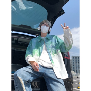 扎染衬衫男生夏季薄款美式复古小众设计感中性风简约长袖衬衣外套图片