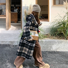 高级双面呢羊毛格子毛呢外套大衣女2024冬加厚学生超好看连帽休闲，女装毛呢外套，千寻