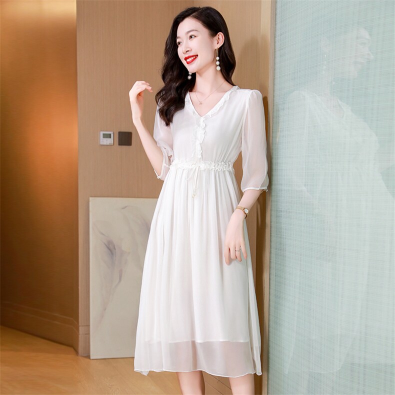 纯色高端真丝连衣裙2025新款女高级感年轻妈妈夏装桑蚕丝气质长裙,女装连衣裙,阿舍尔精品