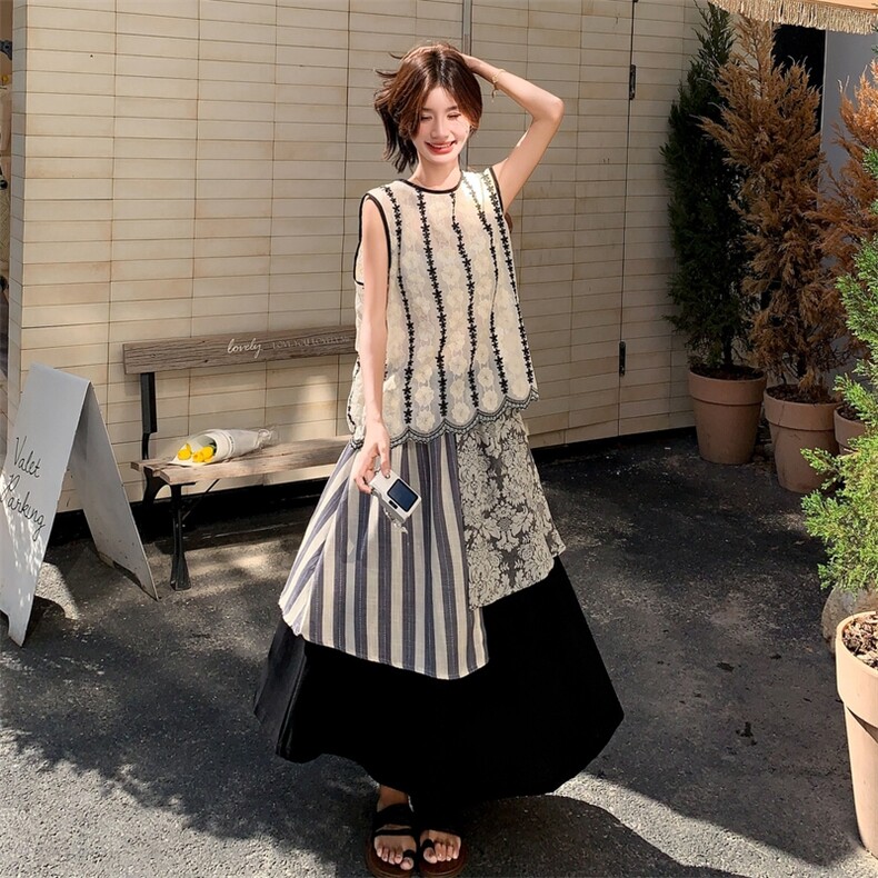 高级感不撞款小香风套装裙2025新款女夏条纹背心条纹绣花屁帘裙子,女装套装/套裙,2C093