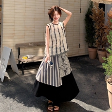 高级感不撞款小香风套装裙2025新款女夏条纹背心条纹绣花屁帘裙子，女装套装/套裙，2C093