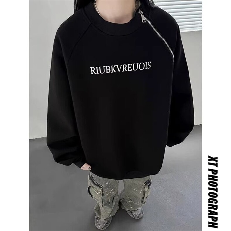 美式oversize卫衣男女春秋斜肩拉链设计圆领上衣高级感痞帅长袖T,男装T恤,星座302B