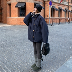 羊羔毛翻领藏蓝色短款派克羽绒服女冬超火好看加绒加厚工装外套，女装羽绒服，2C016