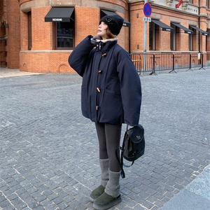羊羔毛翻领藏蓝色短款派克羽绒服女冬超火好看加绒加厚工装外套图片