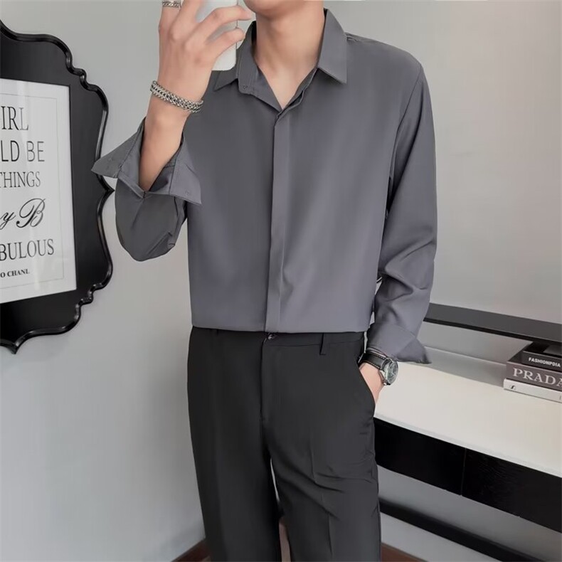 高级感白衬衫男长袖春季冰感轻熟风衬衣韩版潮流帅气上衣服男Y38图片