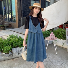 休闲牛仔连衣裙女2025夏季新款显瘦设计感假两件小个子复古A字裙，女装连衣裙，MQ