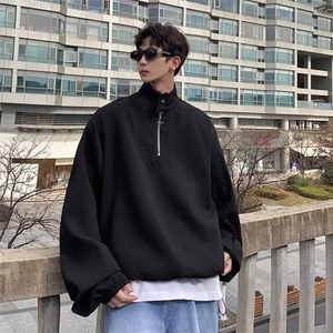 676-P43 秋冬华夫格立领卫衣男士设计感半拉链宽松长袖polo衫图片