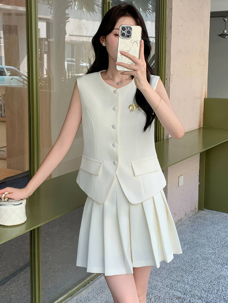 英伦风藏青色无袖马甲半身裙套装女夏大方得体流行两件套小个子,女装套装/套裙,超帛