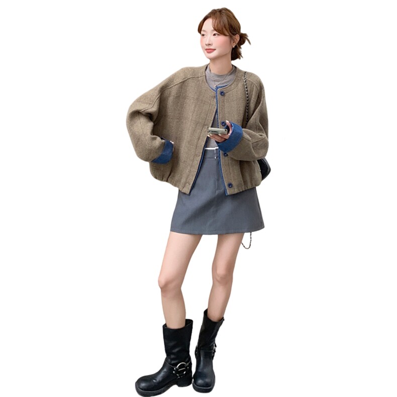 复古拼接格纹毛呢厚外套2025新款女冬小香风巨好看韩系短款呢大衣,女装毛呢外套,2C159
