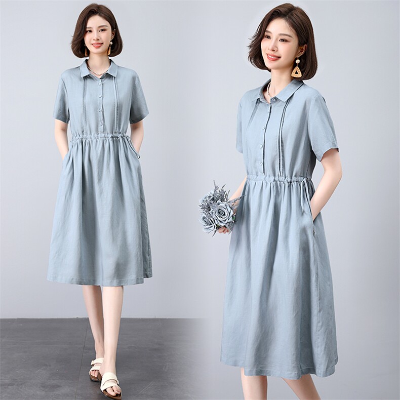 天丝亚麻抽绳收腰显瘦连衣裙女夏宽松大码洋气减龄中年妈妈40岁50，女装连衣裙，曼沙奕珂
