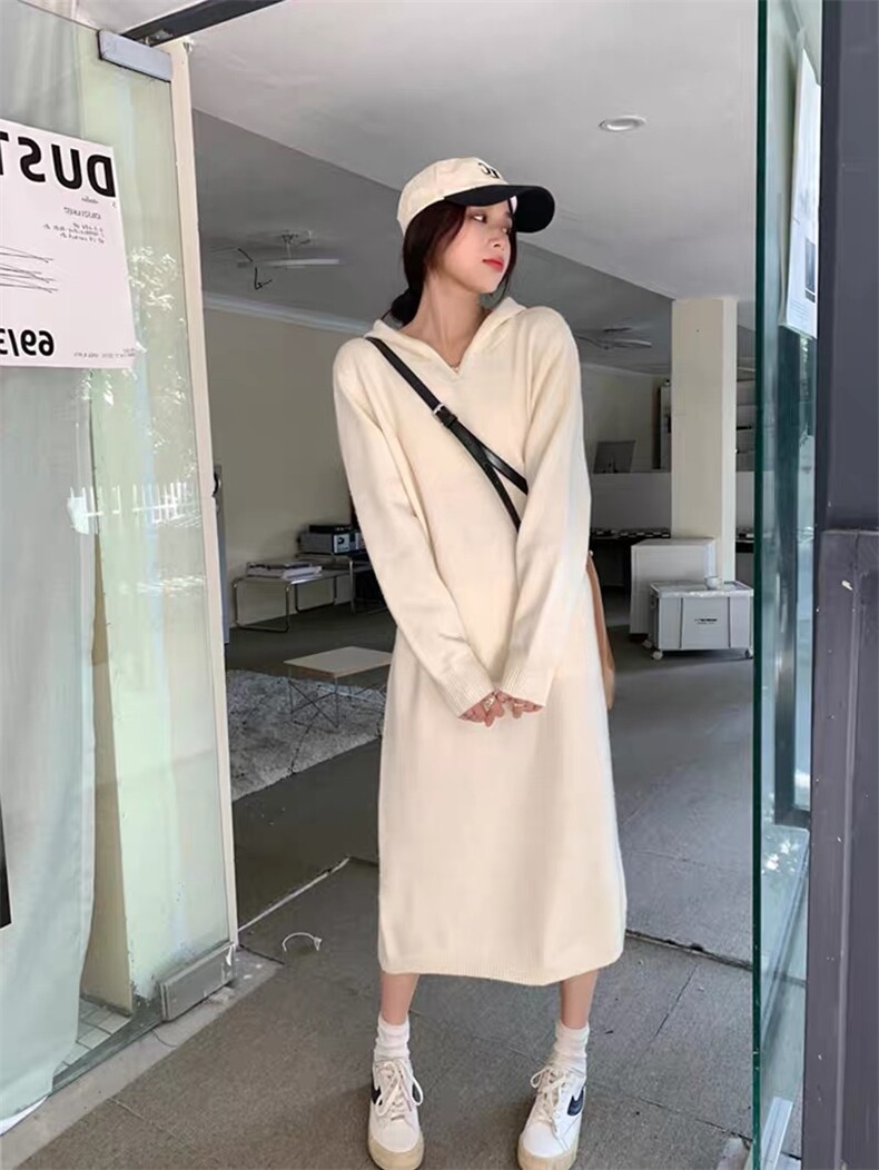 羊毛衫女秋冬宽松内搭外穿连帽纯色针织衫连衣裙,女装连衣裙,思途羊绒