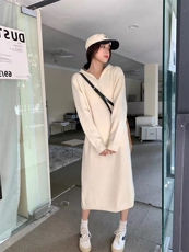 羊毛衫女秋冬宽松内搭外穿连帽纯色针织衫连衣裙，女装连衣裙，思途羊绒