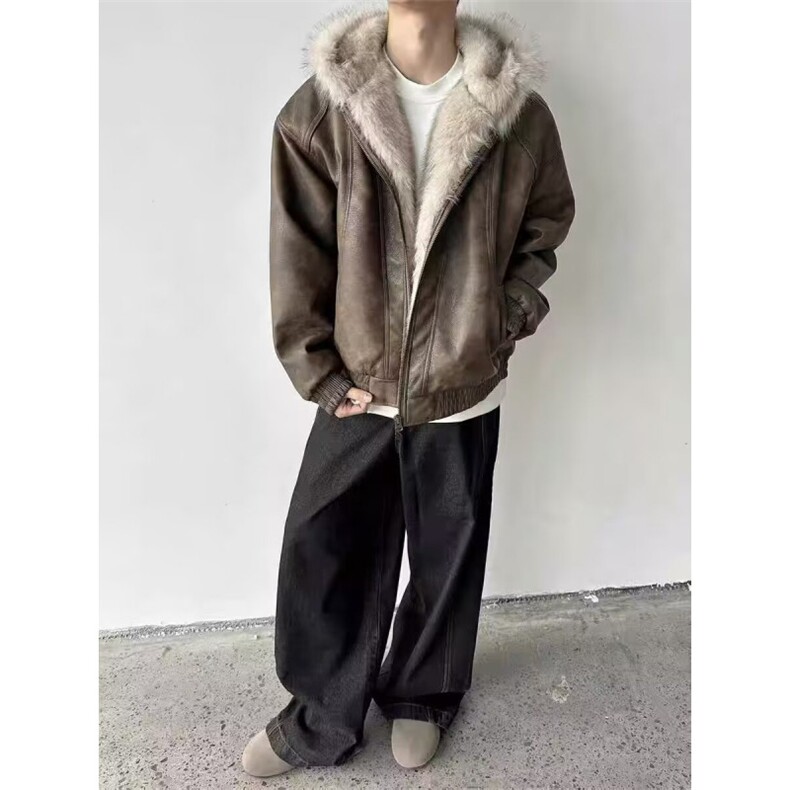 重磅皮衣棉服男冬季连帽廓形美式水洗做旧潮牌毛领座山雕保暖外套，男装皮衣，四季星座505